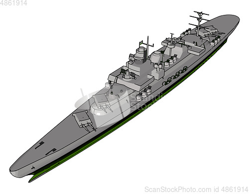 Image of 3D vector illustration of a long grey military ship on a white b