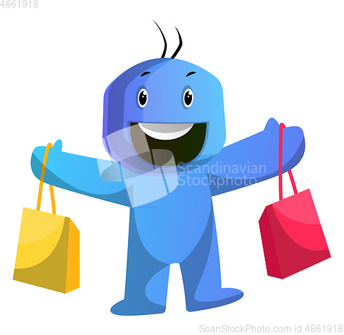 Image of Blue cartoon caracter holding shoping bags illustration vector o