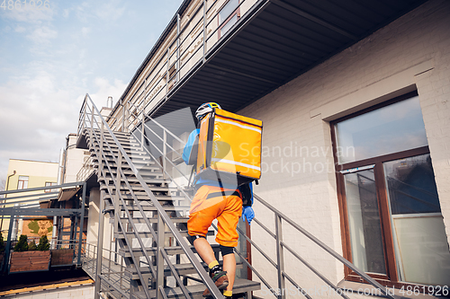 Image of Contacless delivery service during quarantine. Man delivers food and shopping bags during isolation