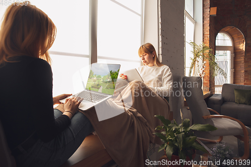 Image of Young friends, women using gadgets to watch cinema, photos, online courses, taking selfie or vlog