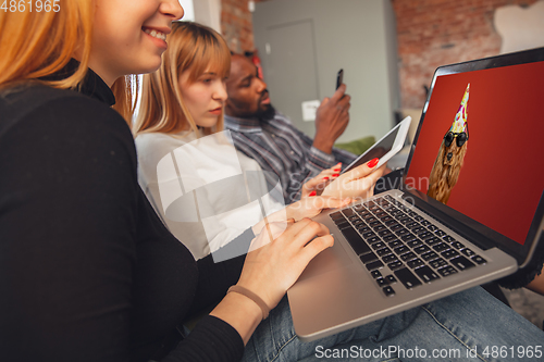 Image of Young friends, women using gadgets to watch cinema, photos, online courses, taking selfie or vlog