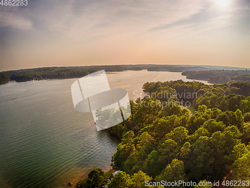 Image of aerial over lake hartwell south carolina and georgia line at sun