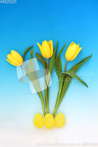 Image of Spring Tulip Flowers and Easter Eggs