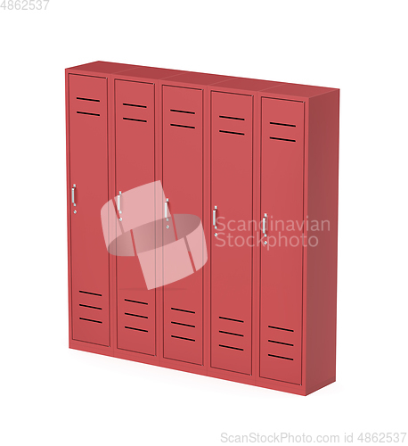 Image of Five red metal lockers