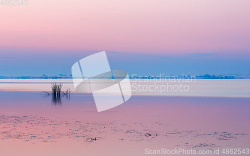 Image of Lilac Pink Seascape With Gentle Dawn at the Calm Lake