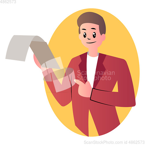 Image of Cartoon man holding documents vector illustration on white backg