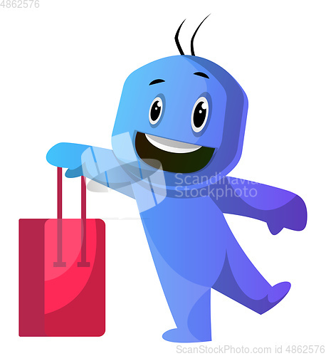 Image of Blue cartoon caracter holding red shoping bag illustration vecto