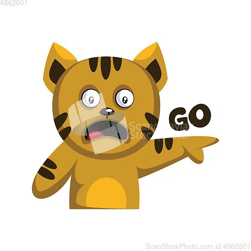 Image of Yellow cat pointing finger and saying Go vector sticker illustra