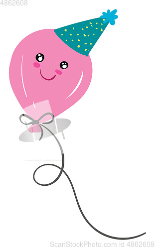 Image of A pink balloon with smiling eyes and closed smile turning up to 