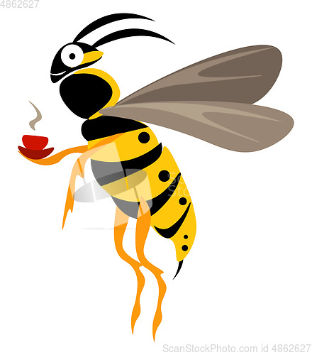 Image of Cute little wasp holding a steaming cup of coffee looks funny ve