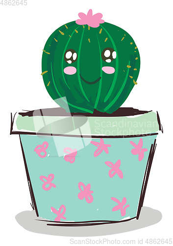 Image of A happy cactus plant emoji with pink flower in a decorative pot 