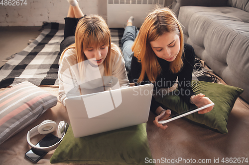 Image of Young friends, women using gadgets to watch cinema, photos, online courses, taking selfie or vlog, top view