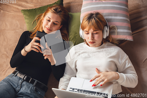 Image of Young friends, women using gadgets to watch cinema, photos, online courses, taking selfie or vlog, top view