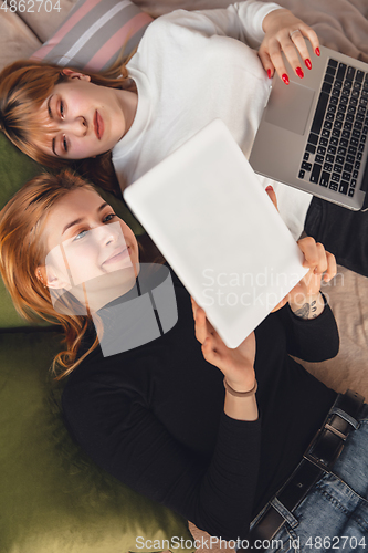 Image of Young friends, women using gadgets to watch cinema, photos, online courses, taking selfie or vlog, top view