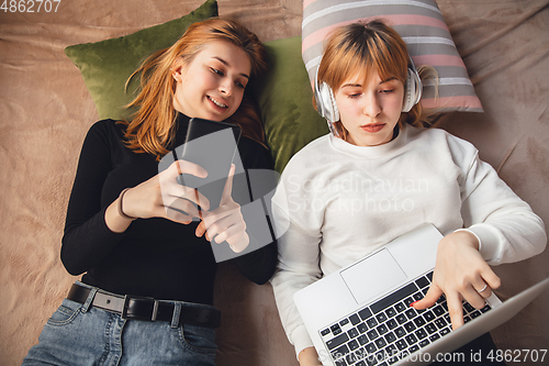 Image of Young friends, women using gadgets to watch cinema, photos, online courses, taking selfie or vlog, top view