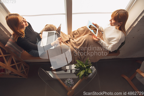 Image of Young friends, women using gadgets to watch cinema, photos, online courses, taking selfie or vlog