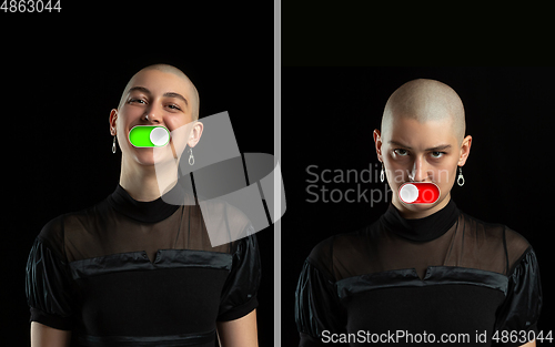 Image of Mood switch on female face. Happy and angry, splitting personality. Modern interface and human emotions