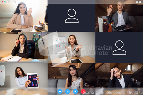 Image of Young colleagues talking, working in videoconference with co-workers at office or living room. Online business, education during quarantine.