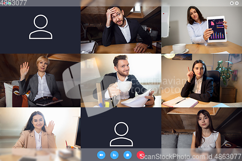 Image of Young colleagues talking, working in videoconference with co-workers at office or living room. Online business, education during quarantine.