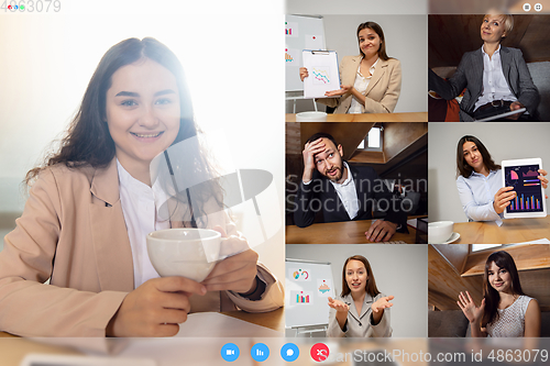 Image of Young colleagues talking, working in videoconference with co-workers at office or living room. Online business, education during quarantine.