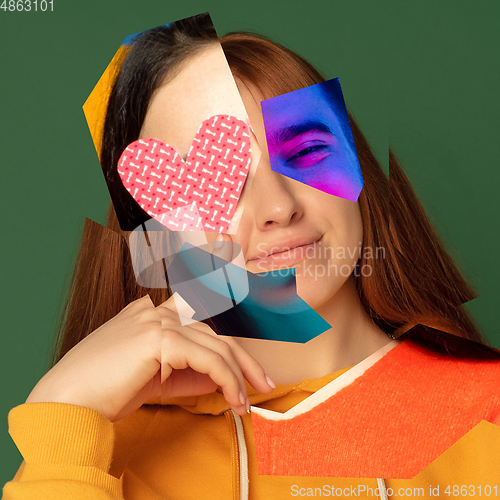 Image of Young woman\'s portrait made of different pieces of faces, modern art collage. New vision of beauty and fashion, make up, hairstyle.