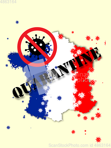 Image of France colored in national flag and coronavirus - concept of spreading of virus, cancelling, quarantined