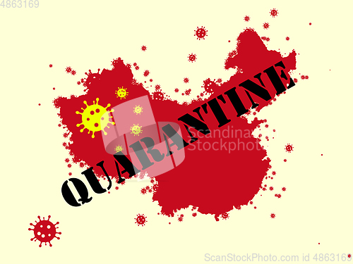 Image of China colored in national flag and coronavirus - concept of spreading of virus, cancelling, quarantined