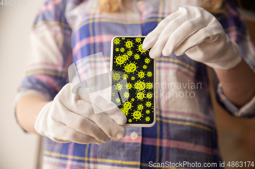 Image of Viruses on surfaces, smartphone you contacting everyday - concept of spreading of virus, disinfection