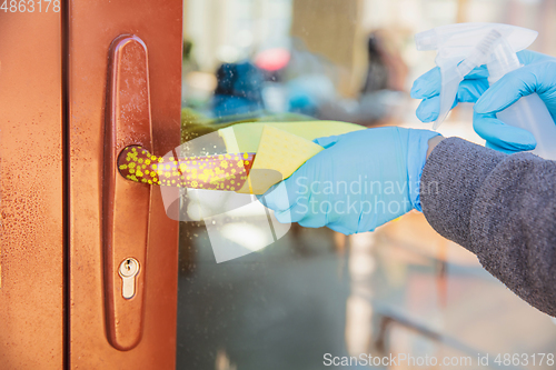 Image of Viruses on surfaces, door and window knobs you contacting everyday - concept of spreading of virus, disinfection