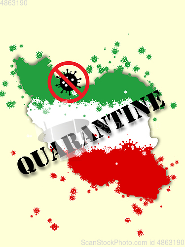 Image of Iran colored in national flag and coronavirus - concept of spreading of virus, cancelling, quarantined