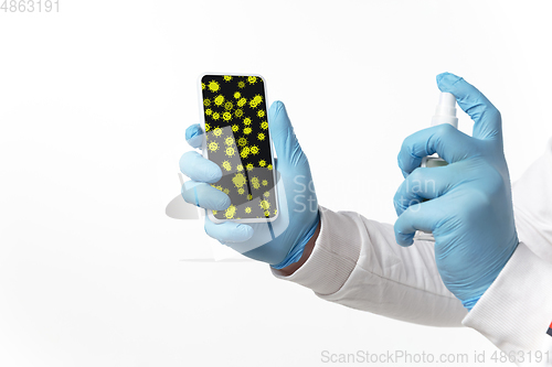 Image of Viruses on surfaces, smartphone you contacting everyday - concept of spreading of virus, disinfection