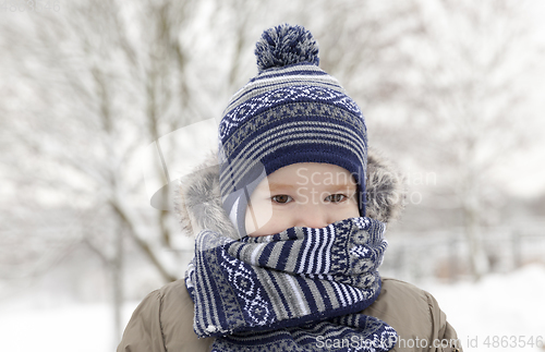 Image of boy scarf frost park winter