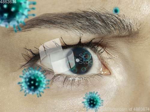 Image of Close up shoot of a female eye with 3D-illustrated coronavirus models, the way of infecting