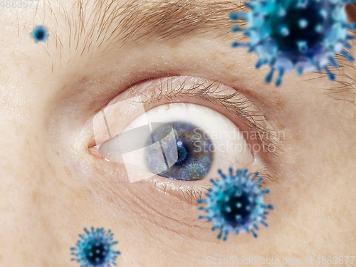 Image of Close up shoot of a male eye with 3D-illustrated coronavirus models, the way of infecting