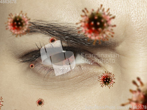 Image of Close up shoot of a female eye with 3D-illustrated coronavirus models, the way of infecting