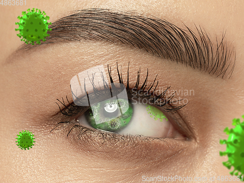 Image of Close up shoot of a female eye with 3D-illustrated coronavirus models, the way of infecting