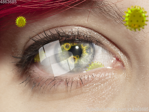 Image of Close up shoot of a female eye with 3D-illustrated coronavirus models, the way of infecting