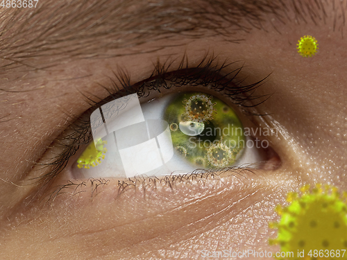Image of Close up shoot of a male eye with 3D-illustrated coronavirus models, the way of infecting