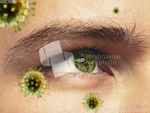 Image of Close up shoot of a male eye with 3D-illustrated coronavirus models, the way of infecting