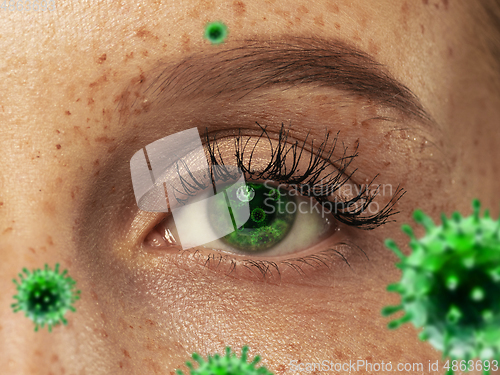 Image of Close up shoot of a female eye with 3D-illustrated coronavirus models, the way of infecting