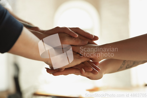 Image of Close up of caucasian male and female hands, covering one another, team, friendship, business