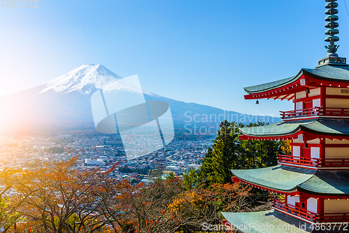 Image of Mt. Fuji viewed from behind Chureito Pagoda