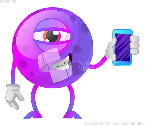 Image of Purple monster holding a smartphone illustration vector on white