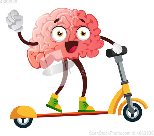 Image of Brain riding a scooter, illustration, vector on white background