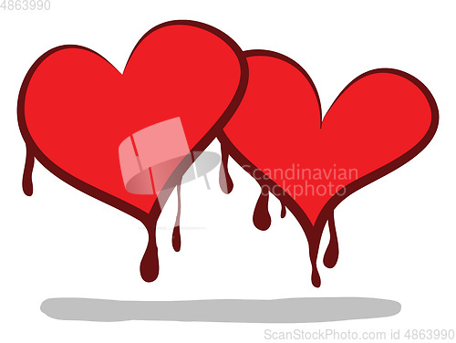 Image of Two cartoon hearts shedding blood/Valentines\' symbol vector or c