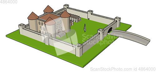 Image of Simple vector illustration of a medieval castle with fortified w