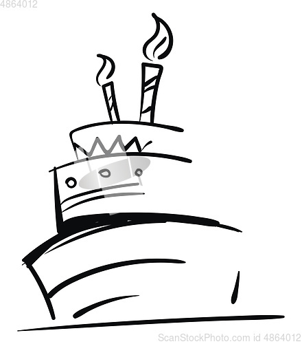 Image of Sketch of a three-layered birthday cake with glowing candles for