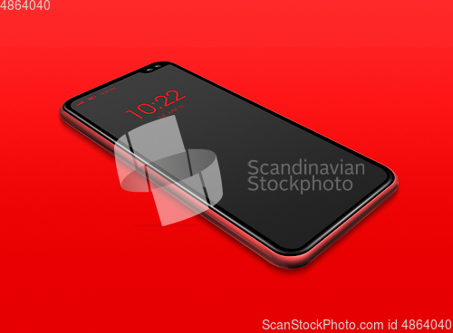 Image of All-screen black smartphone mockup isolated on red. 3D render