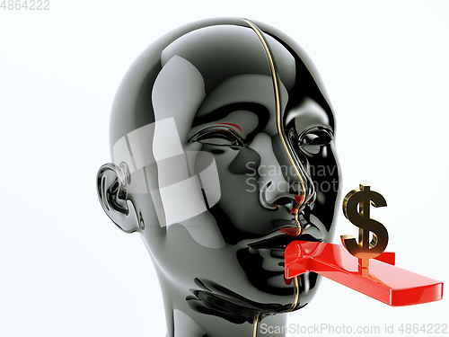 Image of Consumption or consumerism arrow and dollar sign near the mouth