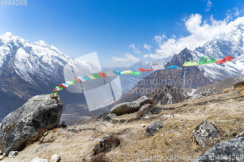 Image of Budhist flags in Nepal trek